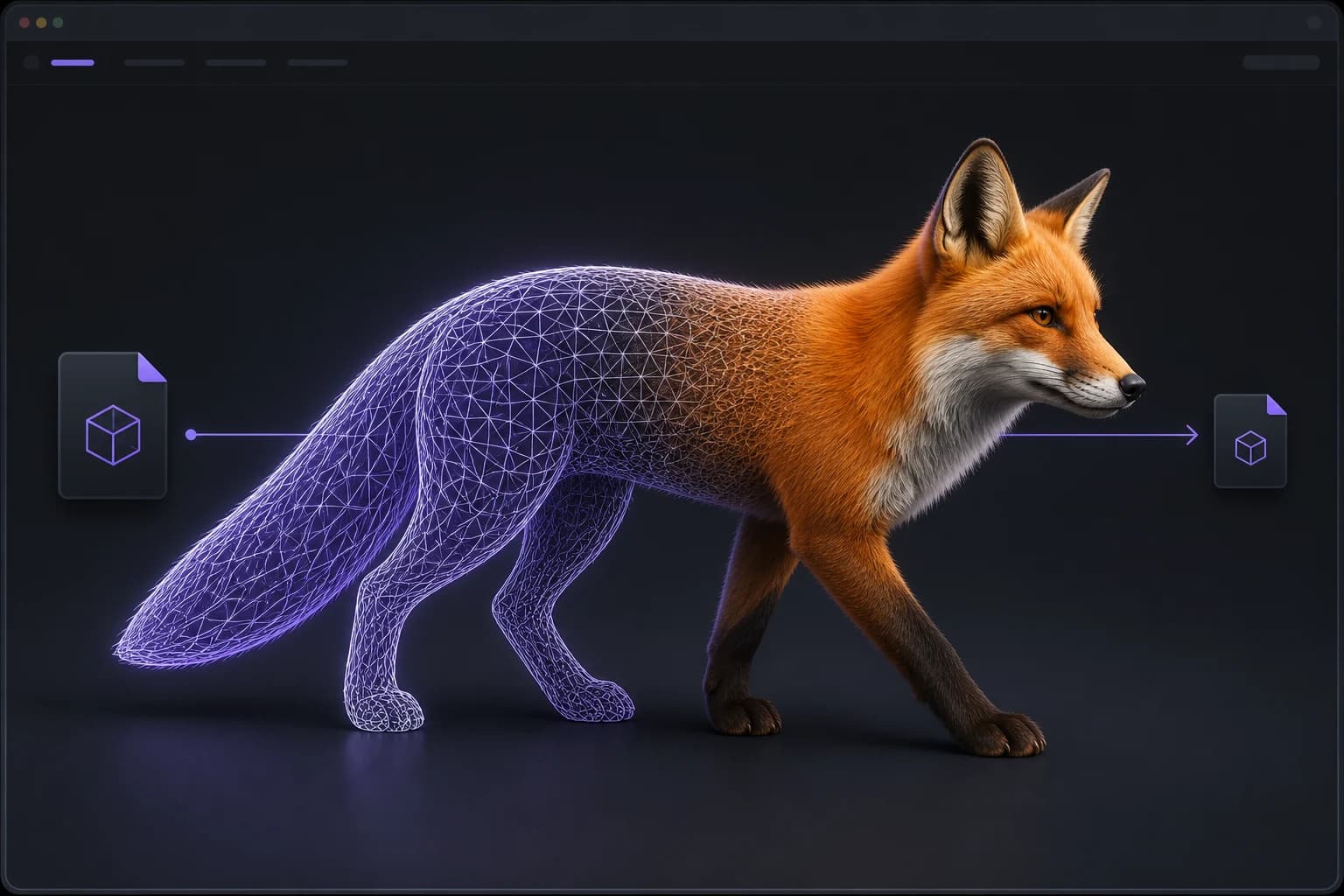 A 3D fox transitioning from a dense wireframe into an optimized textured model in Shrink Model